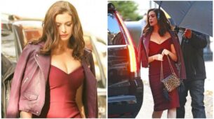 See How Gorgeous Anne Hathaway Looks In Red Bodycon With Leather Jacket