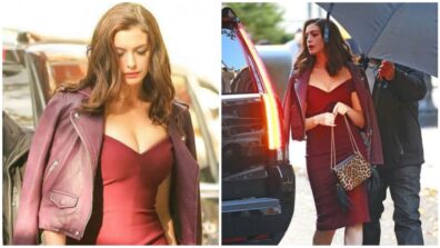 See How Gorgeous Anne Hathaway Looks In Red Bodycon With Leather Jacket