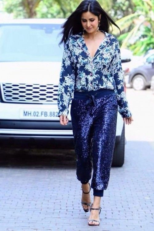 Katrina Kaif Looks Gorgeous In Blue Floral Print Shirt With Sequin Pant - 0