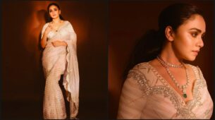 Amruta Khanvilkar Looks Like A Dream In Beige Striped Saree, See Her Pictures