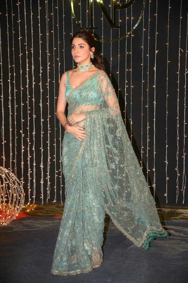 Anushka Sharma Turned Heads With Her Gorgeous Looks In Embroidered Sea Green Net Saree - 2