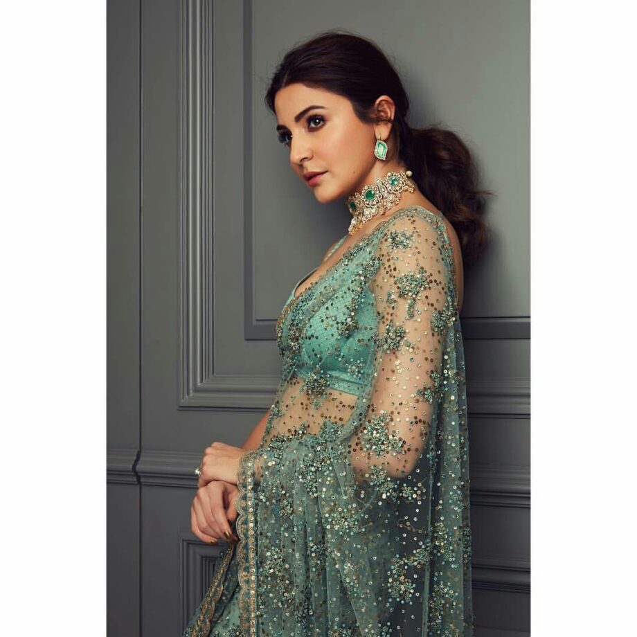 Anushka Sharma Turned Heads With Her Gorgeous Looks In Embroidered Sea Green Net Saree - 0