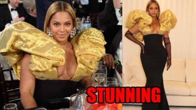 Breath Taking Looks Of Beyonce In Golden Metallic Exaggerated Sleeves Outfit