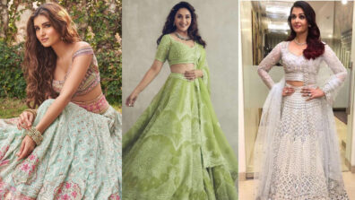 Bridal Style: Tara Sutaria Vs Madhuri Dixit Vs Aishwarya Rai: Who looks most gorgeous in embellished Indo-Western gherao lehenga look? Vote Now