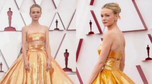 Carey Mulligan Shined Bright In Golden Yellow Sequin Outfit At Oscars 2021