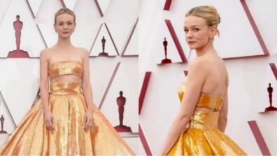 Carey Mulligan Shined Bright In Golden Yellow Sequin Outfit At Oscars 2021