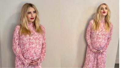 Emma Roberts In Rib-knit Red With Pink Floral Print Showing Off Her Baby Bump, See Pictures