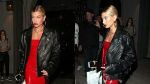 Hailey Baldwin In Red Mini Dress With Oversized Leather Jacket, Netizens Feel The Heat