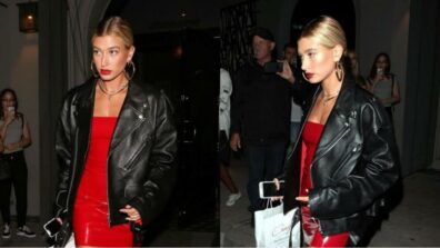 Hailey Baldwin In Red Mini Dress With Oversized Leather Jacket, Netizens Feel The Heat