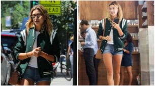 Hailey Baldwin in white top and shorts teamed up with a bright green coat, see here