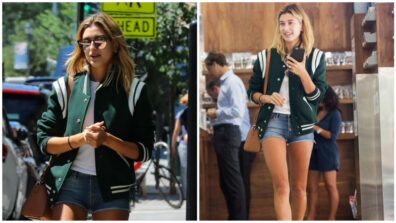 Hailey Baldwin in white top and shorts teamed up with a bright green coat, see here