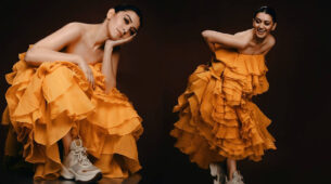 Hansika Motwani’s Gorgeous Looks In Off-Shoulder Orange Ruffle Dress
