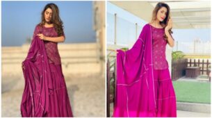 Hiba Nawab looks pretty in wine color sharara