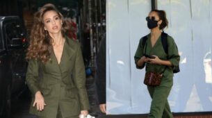 Jessica Alba Made A Brilliant Fashion Statement In This Dark Green Pant Suit, Have A Look