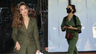 Jessica Alba Made A Brilliant Fashion Statement In This Dark Green Pant Suit, Have A Look