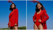 Lucy Hale in a bodysuit with coat looks vibrant in red Check Out