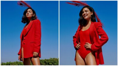 Lucy Hale in a bodysuit with coat looks vibrant in red Check Out