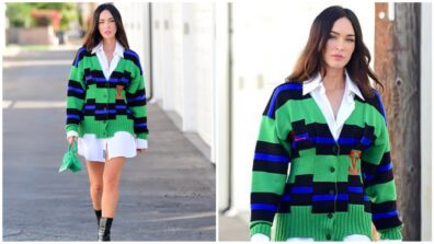 Megan Fox paired her white shirt with a green-blue black sweater, looks stylish