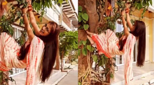 Monkey Style: Kumkum Bhagya Sriti Jha pulls off a dangerous stunt in hot saree, see viral video