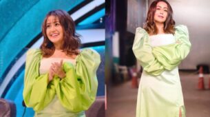 Neha Kakkar In White And Green Combination Dress With Over Exaggerated Sleeves Looks Cute And Stylish