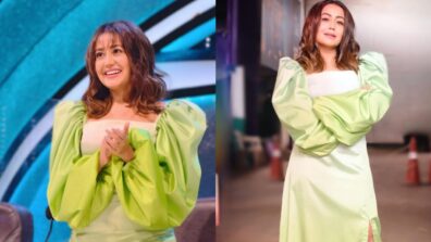 Neha Kakkar In White And Green Combination Dress With Over Exaggerated Sleeves Looks Cute And Stylish