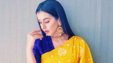 Nikki Galrani Shines In Bright Yellow Printed Saree With Blue Blouse