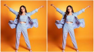 Royal swag in blue striped 3-piece set by Palak Sindhwani