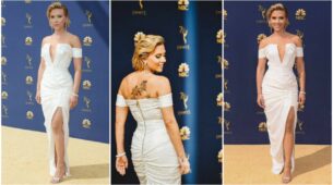 Scarlett Johansson in a white off-shoulder plunging neckline dress with a thigh slit looks adorable
