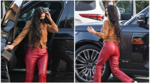 Kourtney Kardashian looks gorgeous in red leather pants and a brown sweater