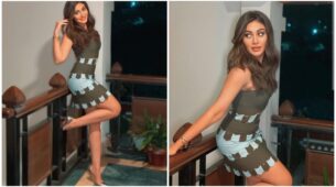 Shefali Jariwala Looks Ravishing In Her Olive Green And Blue Mini Dress