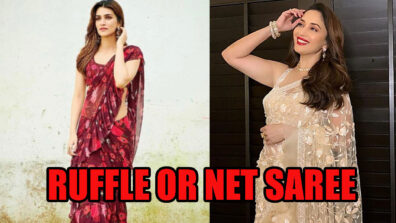 This Or That: Would You Wear A Ruffle Saree Like Kriti Sanon Or Net Saree Like Madhuri Dixit?