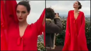 Angelina Jolie Oozes Hotness In Her Blush Red Cape Sleeves Outfit