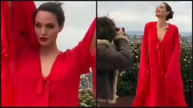 Angelina Jolie Oozes Hotness In Her Blush Red Cape Sleeves Outfit