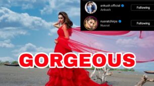 Bengali beauty Mimi Chakraborty sets the beach on fire in her red embellished gown, Nusrat Jahan and Ankush Hazra love it