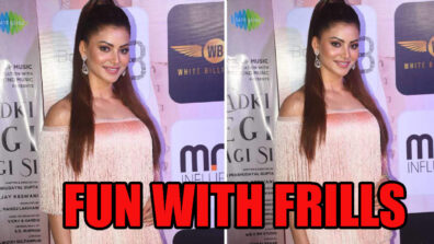 Fun With Frills: Urvashi Rautela Looks Picture Perfect In Peach Off-Shoulder Mini Dress