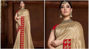Glimmer In Golden: Tamannaah Bhatia Looks Gorgeous From Head To Toe In Golden Saree With Border