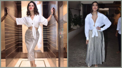 [Hot or Not] Bollywood Diva’s trendy stylish white knotted shirt & silver rippled skirt look is a Yay or Nay?