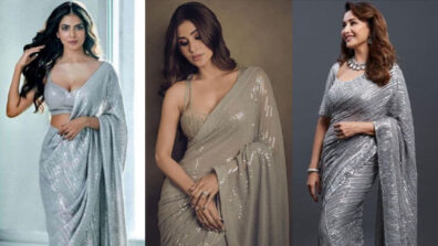 In love with Manish Malhotra’s stylish silver saree design? Take cues from Malavika Mohanan, Mouni Roy & Madhuri Dixit’s wardrobe