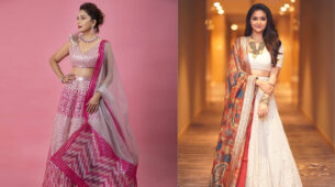 Madhuri Dixit Vs Keerthy Suresh: Who wears the Indo-Western fabric printed embellished lehenga choli better?