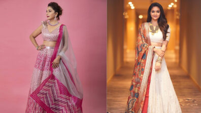 Madhuri Dixit Vs Keerthy Suresh: Who wears the Indo-Western fabric printed embellished lehenga choli better?