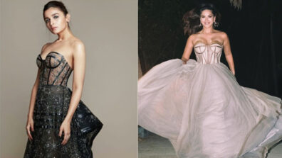 Runaway Bride: Alia Bhatt’s transparent shimmery jet black gown vs Bollywood Actress strapless gold-stitched off white gown, pick your favourite now