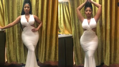 Slay The Oomph Quotient With This Hot Nicki Minaj’s White Plunging Neck Dress