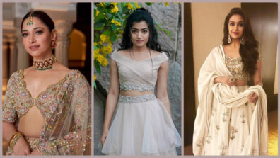 [South Ki Bombshell] Tamannaah Bhatia Vs Rashmika Mandanna Vs Keerthy Suresh: Which diva slays the embellished V-neck ethnic vibes best in a lehenga?