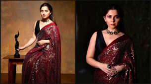 Sparkling Beauty: Sonalee Kulkarni In Maroon Sequin Saree And Black Blouse With Pretty Necklace