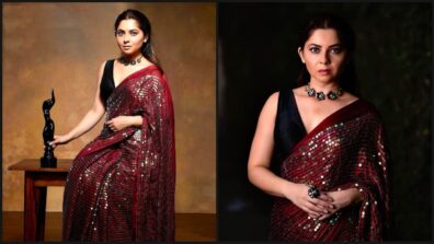 Sparkling Beauty: Sonalee Kulkarni In Maroon Sequin Saree And Black Blouse With Pretty Necklace