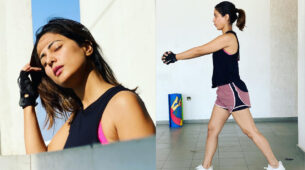 [Take Inspiration] Hina Khan shares superhot workout pose moments in casual bralette & shorts, fans go bananas
