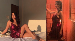 Wet Or Dry: Which hot ravishing shimmery thin-stripped low-neck purple dress style of  Kumkum Bhagya diva Sriti Jha is a 10/10? Vote Now