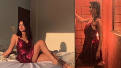 Wet Or Dry: Which hot ravishing shimmery thin-stripped low-neck purple dress style of  Kumkum Bhagya diva Sriti Jha is a 10/10? Vote Now