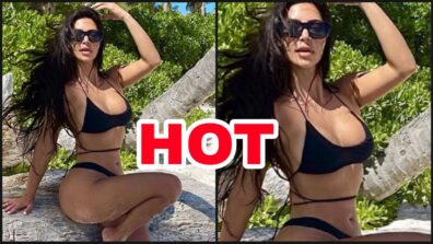 What A Babe: Kim Kardashian raises the oomph game in a super hot black monotone bikini, fans feel the heat