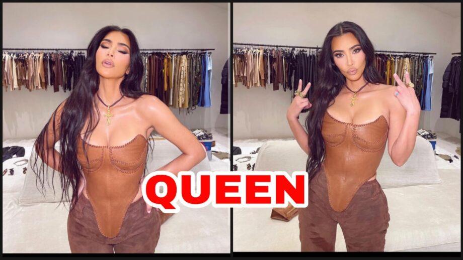 What A Hottie: Kim Kardashian burns the swag game with her brown leather strapless V outfit, fans can't stop crushing 391005